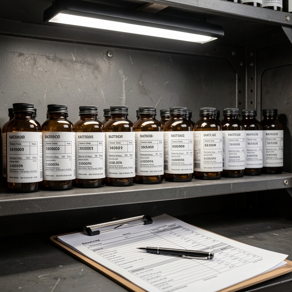 Row of amber glass supplement bottles with printed batch-code labels on a dark industrial shelf, lit with overhead studio lighting, with a clipboard showing production records in the foreground